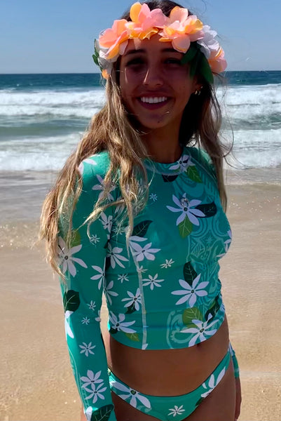 Women's Long Sleeve Rash Guard ~ Maimiti Print ~ Sea Green