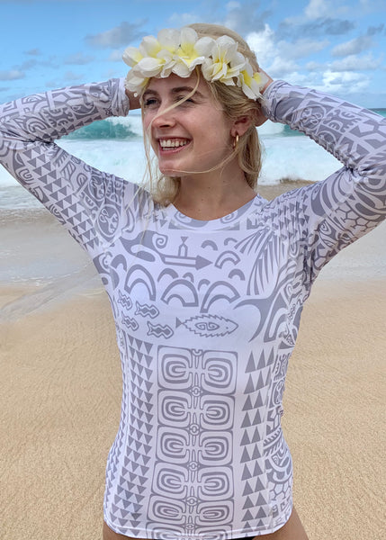 Women's Long Sleeve Rash Guard ~ Matamua Print ~ White/Grey