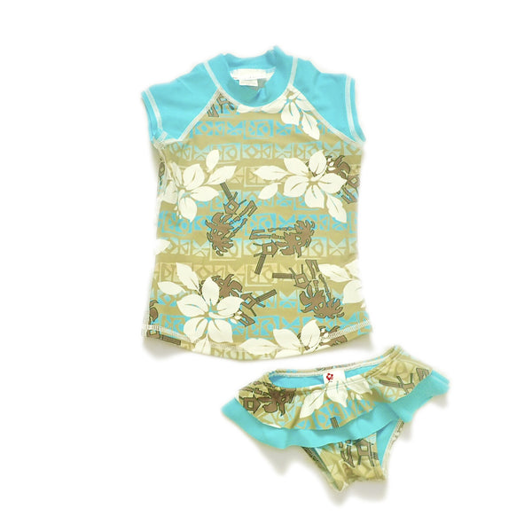 Girls Cap Sleeve Rashguard Set with Ruffled Bikini Bottom - Taha Ha