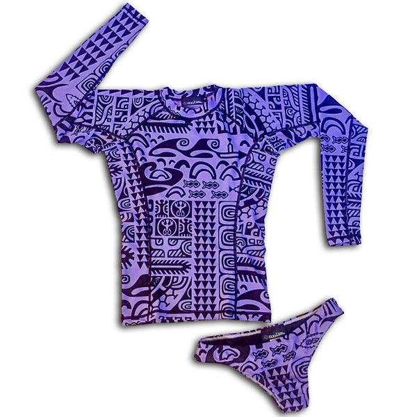 Womens Long Sleeve All-Over Print Rashguard and Bikini Set - Matamua Lilac