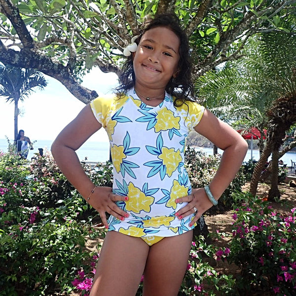 Girls Cap Sleeve Rashguard Set with Ruffled Bikini Bottom - Raiatea Yellow